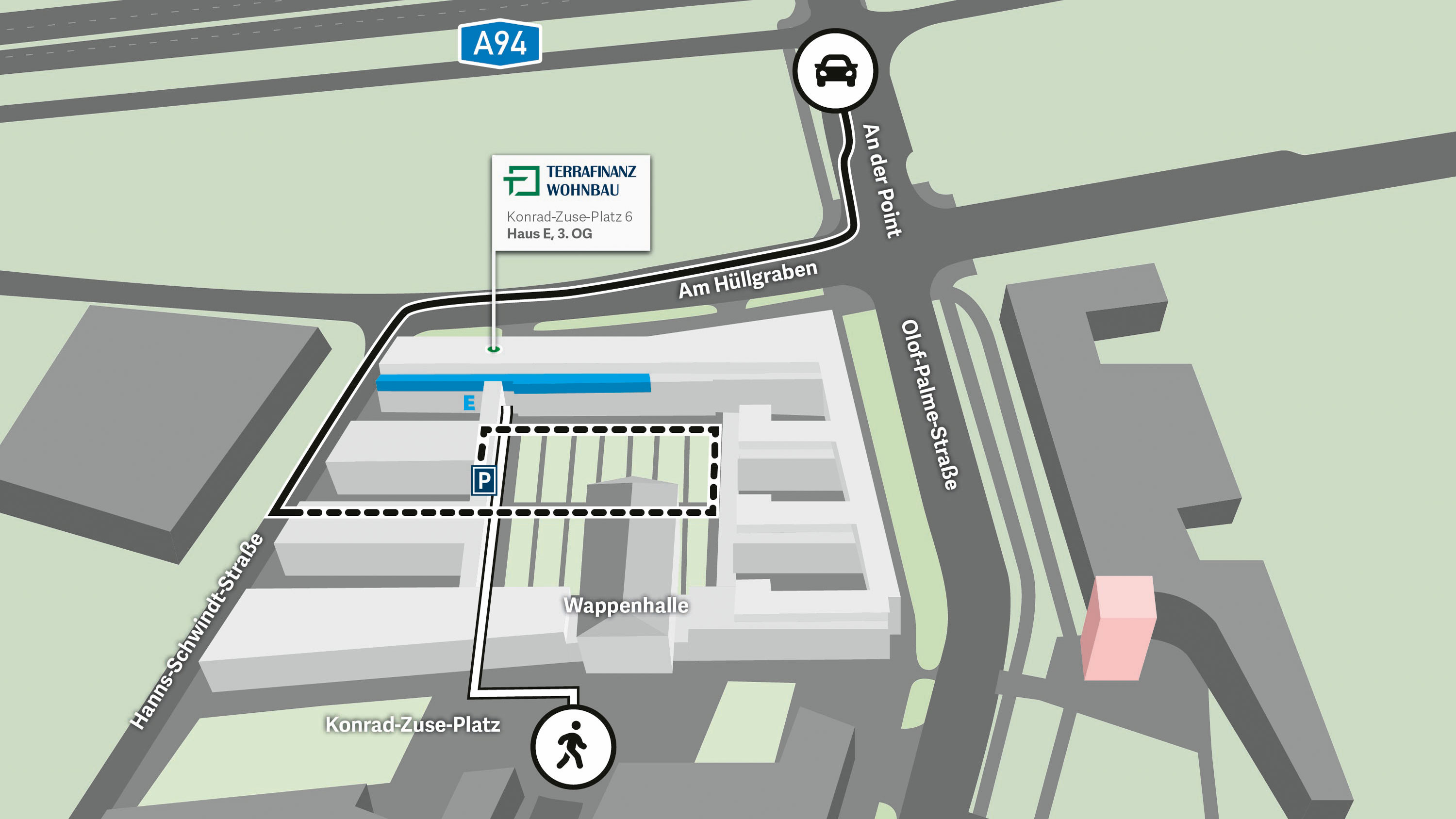 Anfahrt Terrafinanz Wohnbau – Konrad-Zuse-Platz 6, 81829 München