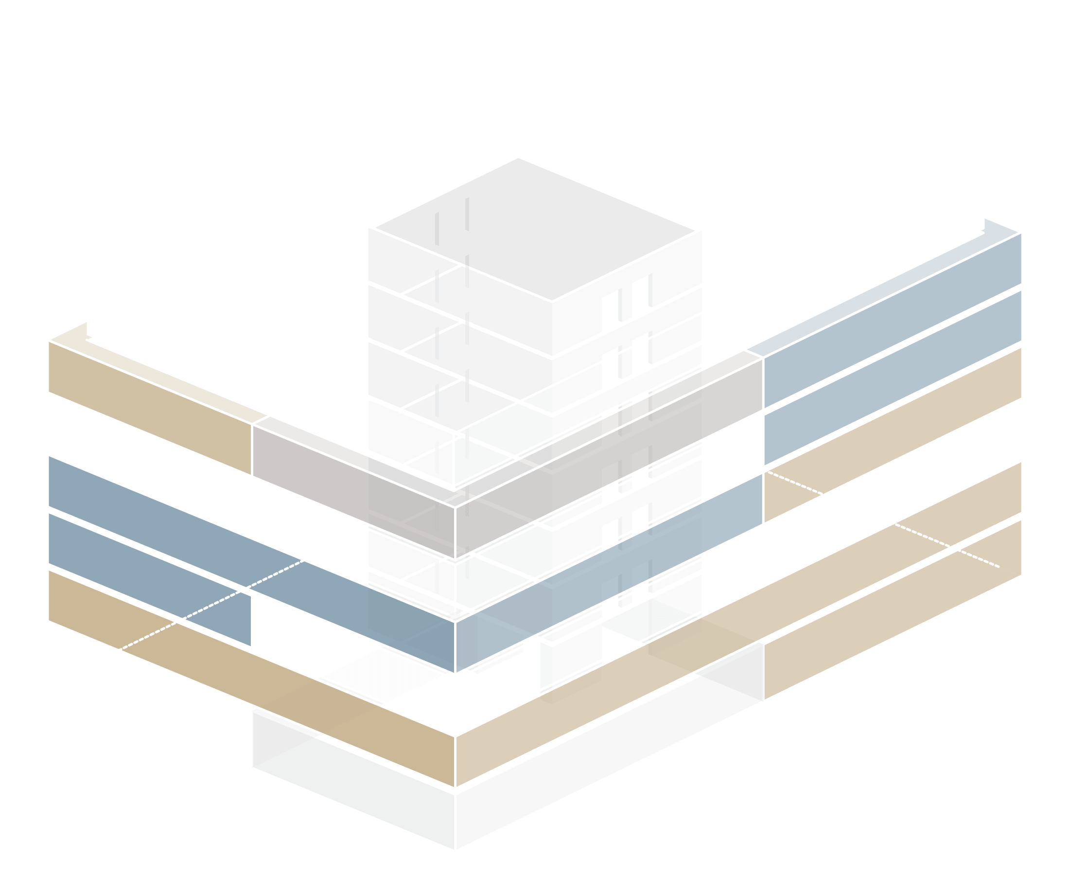 3D-Skizze des Gebäudes mit symbolischer, farbiger Unterteilung der Mietflächen