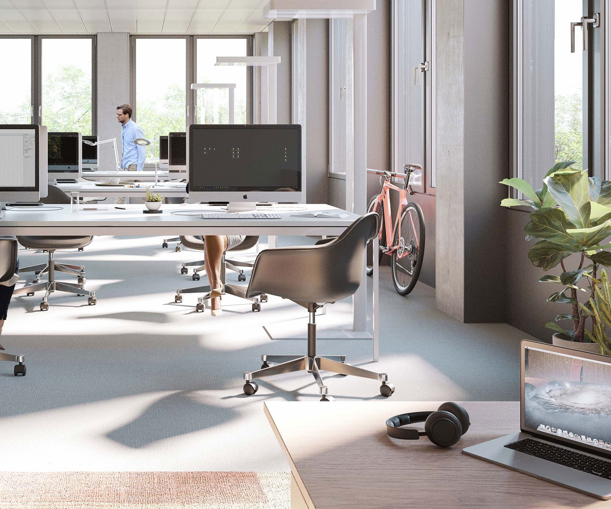 Fotorealistische Illustration der ausgebauten Geschossfläche zum modernen Großraumbüro mit exemplarischer Einrichtung.