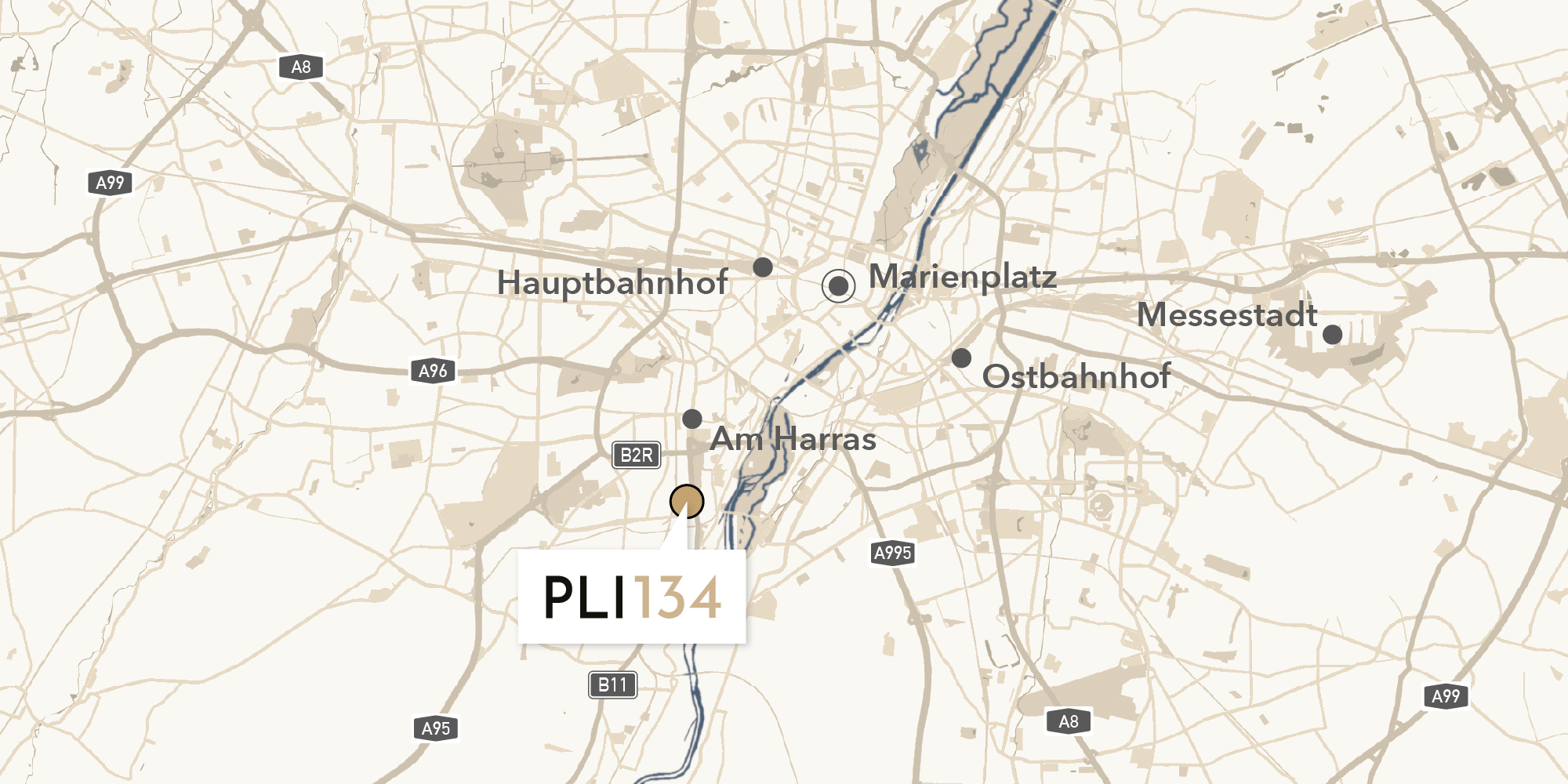 Karte von München mit Markierung des Standorts von Plinganser134, sowie Markierungen für Hauptbahnhof, Marienplatz, Am Harras, Ostbahnhof und Messestadt.